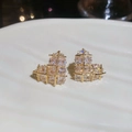 Detailed view of heart-shaped gold-plated stud earrings with square-cut white zircons - Heart Lattice Style (HE30568) / Gold