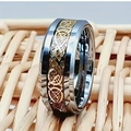 Men's silver tungsten ring with an inlaid golden celtic dragon pattern band - Steel Color Gold Gold Dragon