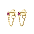 Macro view of gold chain drop earrings featuring teardrop-shaped pink zircon stones - Rose Red Gold