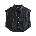 Gilet alla moda in pelle nera da donna con colletto a rever e doppie tasche frontali - Nero / S