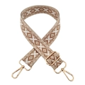 Detail of beige ethnic geometric embroidered bag strap with golden metal lobster clasps - T13-Camel