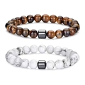 Tiger eye and howlite beaded bracelet set with metallic hematite accents on white background - White Turquoise + Tiger Eye
