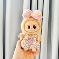 Brown plush doll wearing a pink bow and colorful tweed overalls for Labubu dolls - Pink Heart Scented Two-piece Set With Charm Strap / First And Second Generation Keychains Are Compatible With La Cloth Dolls. Dolls Not Included.