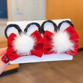 Cute red velvet bow hair clips with white pom poms and long black braided hair extensions - White Fur Ball Braid (Hair Clip 024-Braid)