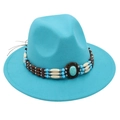 Detailed view of the turquoise felt fedora featuring ethnic beaded band and gemstone - One Size / Lake Blue