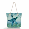 Dettaglio della borsa tote in tela con stampa di stelle marine e manici in corda di cotone - Stampa Stella Marina Blu (ms4539b)