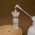 Silver butterfly hair stick with turquoise flower patterns and long tassels in a ceramic vase - Silver/F358/Butterfly Tassel Style