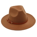 Detailed top view of camel wool fedora hat featuring brown belt strap and golden buckle - M (56-58cm) / Khaki