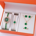 Goldenes Legierungs-Uhrenset mit grünem Kleeblatt-Schmuck inklusive Halskette und Armband - Gold Grünes Kleeblatt Set (Ohne Box)