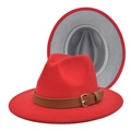 Detail of red fedora hat with brown leather belt buckle and grey inner lining contrast - M(56-58cm) / Red + Light Grey