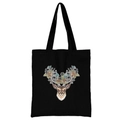 Black canvas tote bag featuring a colorful floral deer head print and sturdy handles - Floral Deer Head / Black