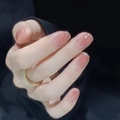 Short nude pink gradient press-on nails with fine glitter finish and natural gloss - R817 French Gold Trim / Nail Glue Version