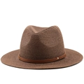 Detailed close-up of dark brown woven straw Panama hat with a leather band and gold stud - Coffee