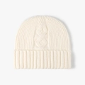 Thick cream cable knit winter beanie for women with ribbed fold-over cuff design - One Size / White
