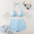 Zweiteiliger hellblauer Gingham-Bikini mit Schleifenverzierung und hoher Taille - S / Blau