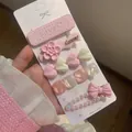 5-piece hair clip set featuring pink pearls and cream bows for side fringe styling - Pink LOVE Heart 5-piece Set