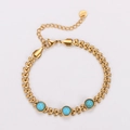 Golden stainless steel leaf chain bracelet with blue turquoise beads and lobster clasp - Three Round Turquoise Beads Style (AMLYT424-3)
