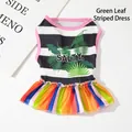 Süßes Haustier Sommerkleid mit schwarz-weiß gestreiftem Oberteil und buntem Regenbogenrock - S / Grünes Blatt Regenbogenstreifen