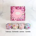 Set of 4 scented soy candles in floral tin cans with matching pink floral gift box - Floral Style B (Tuberose/Chamomile/Jasmine/Camellia)
