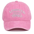 Close-up of pink washed cotton baseball cap with silver 1990 Limited Edition embroidery - Adjustable / Pink
