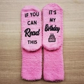 Pink coral fleece birthday socks with funny text on wooden background - OPP Bag Packaging / Pink-It's My Birthday