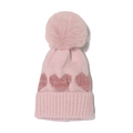 Roze winter gebreide babymuts met pompon en hartjespatroon voor pasgeboren meisjes - Eén maat / Roze