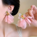 Handmade woven pink floral stud earrings featuring lightweight fabric petals and resin - Silver Needle / Pink