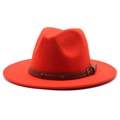 Red wide brim fedora hat with brown leather buckle band for men and women - One Size 58cm Circumference / Orange Red