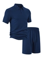 Detail of navy blue men polo set showing 3D herringbone texture and drawstring shorts - S / Navy Blue