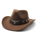 Brown western cowboy hat with bull head metal emblem and leather band decoration - M (56-58cm) / Dark Coffee