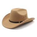 Classic khaki wool fedora cowboy hat with black leather strap and metal eyelets - M (56-58cm) / Camel
