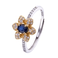 S925 sterling silver flower ring with blue gemstone and white diamond accents - Natural Blue Sapphire