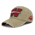 Khaki washed cotton baseball cap featuring red W patch and vintage distressed details - One Size Adjustable / Khaki
