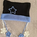 Handmade crochet cat ear beanie in black and blue with star patches and long straps - Adult 56-59cm / Black+Blue