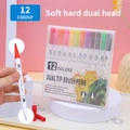 Set of 12 dual-tip watercolor markers with soft brush and fine tip in a clear case - 12 Colors White Barrel