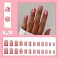 Unghie finte floreali francesi rosa stile quadrato con 24 pezzi per donne - W721 Fiore Semplice (Stile Colla)