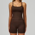 Ensemble de yoga côtelé marron foncé avec haut à col en U et short à taille haute - S / Vest+Shorts - Coffee Brown