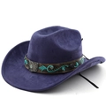 Détail d'un chapeau de cowboy en daim violet avec broderie turquoise et badge papillon - M (56-58cm) / Bleu marine