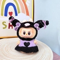 Labubu plush doll wearing a purple and black heart patterned dress and bunny ear hat - Plush Kuromi Set / First And Second Generation Keychains Are Compatible With La Cloth Dolls. Dolls Not Included.