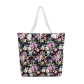 Floral print canvas tote bag in black with white rope handles and ethnic flower pattern - Black Rose