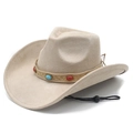Classic beige suede western cowboy hat with bohemian turquoise band and windproof cord - M (56-58cm) / Beige