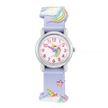 Close-up of children's unicorn watch featuring 3D silicone strap and clear numeric dial - Light Purple