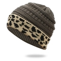 Winter knit beanie in dark brown featuring a leopard print cuff for women's warmth - One Size / Dark Gray