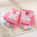 Pink children's knitted convertible gloves with a white bunny design and colorful fingertips - 4-10 Years / Rabbit-Watermelon Red