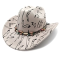 Western cowboy hat in beige felt with bird prints and colorful beaded ethnic hat band - M(56-58cm) / Flat Top Beige