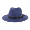 Detail of navy blue straw fedora hat featuring a black faux leather band and silver buckle - Navy Blue
