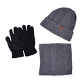 Winter dark grey knit beanie hat, neck warmer scarf and touch screen gloves set for men - 3-Piece Set (Hat + Scarf + Gloves) / Dark Gray