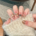 Elegant French style press-on nails with caramel plaid, black bows and white pearls - Extra Small (XS) / 2204-Medium Oval