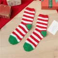 Red and white striped Christmas coral fleece warm socks with green toe and heel accents - Red & White Stripes