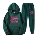 Survêtement unisexe vert foncé avec capuche et imprimé lettres rétro rose en polaire - S(L) / Haut Et Bas / Vert Foncé (Summer Waves)